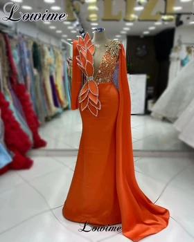 Oranžinė Undinė Garsenybių Suknelės Su Kristalais Ilgomis Rankovėmis Oficialus Suknelės Vestidos De Gala Perlai, Vakarines Sukneles