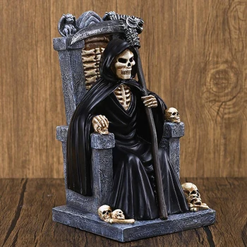 Derva Mirties Grim Reaper Statula Sėdi Ant Skeleto Sosto Statulėlės Mirties Kaukolės Galvą, Statula, Skulptūra Helovinas Ornamentas, Papuošimas