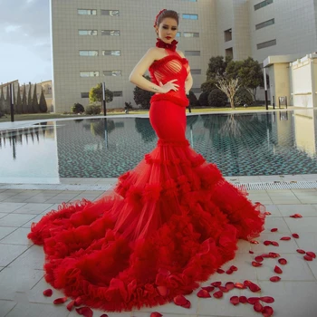 Raudonas Seksualus, Elegantiškas Undinė Vestuvių Suknelė Aukštu Kaklu Rankovių Tiulio Raukiniai Užsakymą Grindų Ilgis Rūbeliai De Mariée