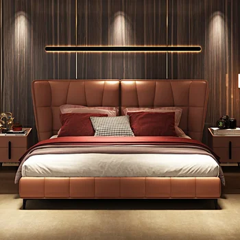 Italijos minimalistinio medžio masyvo high-end odos pagalvėlė karvės odos dvigulė lova 1,8 m prabangių lengvųjų prabanga paprasta akies raudona lova