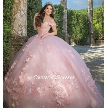 Rožinė 3D Gėlės Kristalų Quinceanera Suknelės Kamuolys Suknelė nuo Peties Appliques Korsetas Saldus 16 Vestido De XV Años