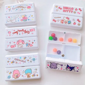 Sanrio Kawaii Hello Kitty Tablečių Dėžutė Kuromi Cinnamoroll Saldus Anime 7 Ląstelių Nešiojamų Uždaromos Drėgmei Compartmented Tabletes Atveju