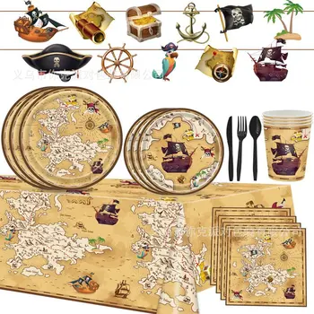 10Guests Piratų Tema Vienkartiniai Indai Piratų Laivas Popieriaus Taurės Plokštė Lobių Medžioklės Žemėlapis Servetėlę su Gimtadieniu Šaliai Dekoro