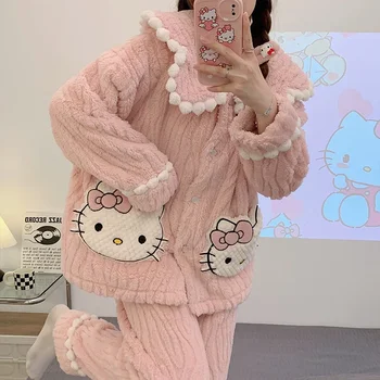 Sanrio Kawaii Anime Mielas Hello Kitty pižama Koralų aksomo laisvalaikį miego Namų padažu poliesteris Rudens ir žiemos stilius