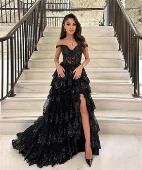 Romantiška Black Lace A-Line V-Kaklo Prom Dresses Vakarinę Suknelę Mados Saudo Arabija Off Peties Moterims Dėvėti Vestuvių Suknelės, Šaliai