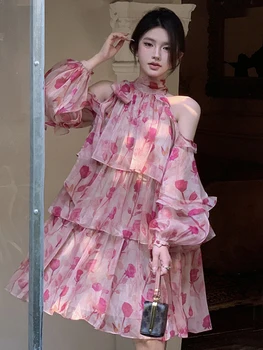 Mada Pavasarį, Rudenį Šifono Prarasti Trumpą Suknelę Moteris Sweet Pink Prašmatnus Spausdinti Seksualus Off Peties Mini Atostogų Šalis Mujer Vestidos