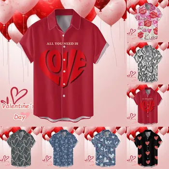 Vyrų Valentino Dienos Digital 3D Spausdinimo Prarasti Mygtuką Atvartas, Trumpas Rankovėmis Marškinėliai Viršuje Verslo Etninės Laisvas