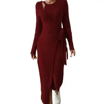 Moterų Suknelė Elegantiškas Megztas Maxi Suknelė su Nėriniais-iki Juosmens Nereguliarus Hem Moterų Rudens/žiemos Mados Kvėpuojantis Moterų Suknelė