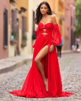 Raudona Brangioji, Pasakų Prom Dresses Pašalinti su ilgomis Rankovėmis Šifono Zawalcowany Visas ilgis vestidos gala vakaro suknelė dėvėti