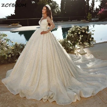 Prabangūs Blizgučiai Blizgučiais Royal Kamuolys Suknelė Vestuvių Suknelės 2024 Princesė Dubajus Iliuzija Ilgomis Rankovėmis Vestuvinės Suknelės Vestidos De Novia