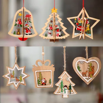 Kalėdų Mediniai Tuščiaviduriai Pakabukas 3D Snaigė Pentagram Varpas Kabo Ornamentu Namų Kalėdų Medžio Apdaila Naujųjų Metų Navidad Dovana