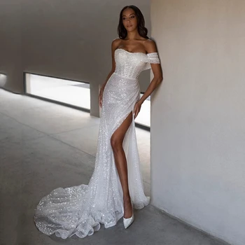 Blizga China Undinė Vestuvių Suknelės su Pusės Split Brangioji Klostes Vestuvinės Suknelės Valymo Traukinio Vestuves Chalatai 2023