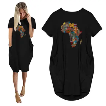 Afrikos Žemėlapis Grafinis Spausdinti Moterų Vasaros Atsitiktinis Palaidų Suknelė Su Kišenėje Ponios Mados, O Kaklas Ilgas Viršūnes Moterų Marškinėliai Suknelė
