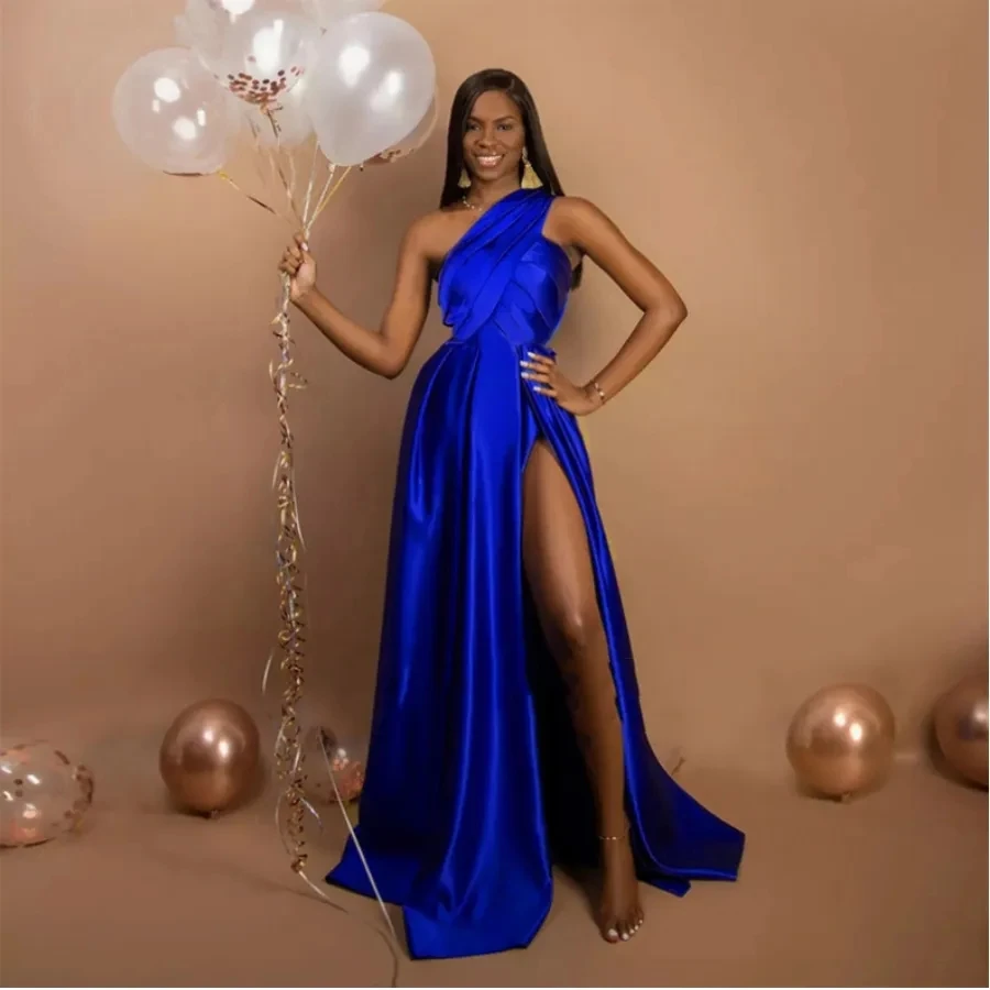 Sexy Lady Šalis Ilgai Grindų Mėlynos Suknelės Ritininės Auginami Vieno Peties Satino Prom Vakarą Maxi Suknelė Moterims0