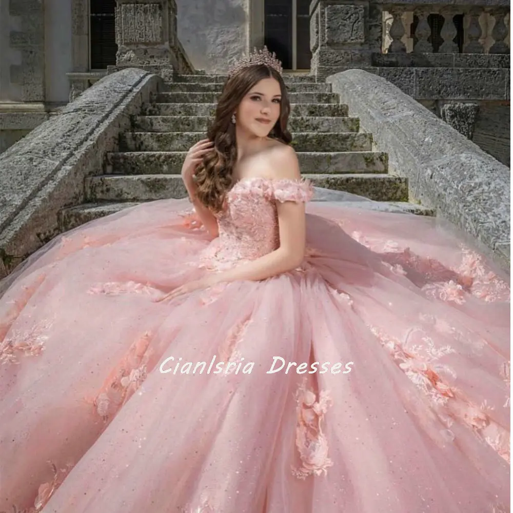 Rožinė 3D Gėlės Kristalų Quinceanera Suknelės Kamuolys Suknelė nuo Peties Appliques Korsetas Saldus 16 Vestido De XV Años1